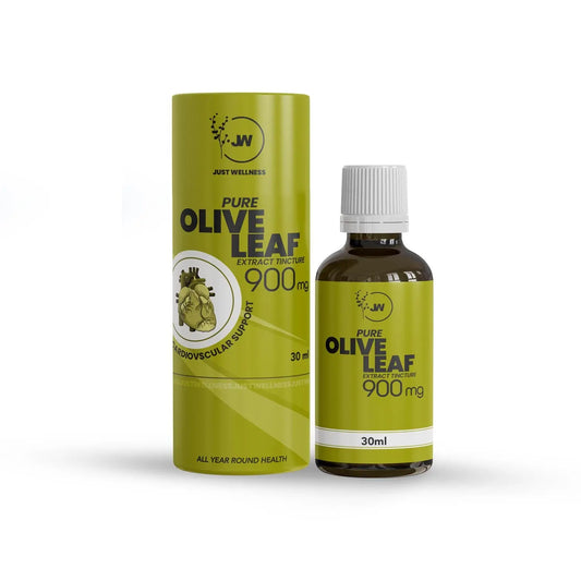 A bottle of Just Wellness Olive Leaf Extract 30 ml Tincture with its packaging, labeled for immune support.