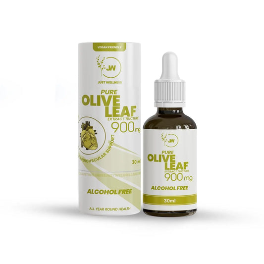 A bottle of Olive Leaf Extract tincture by Just Wellness with its packaging, labeled alcohol-free, 900 mg concentration, in a 30 ml container.