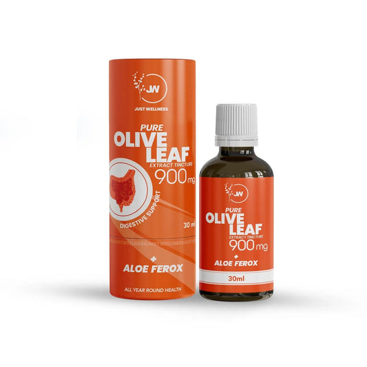 A bottle of Olive Leaf Extract + Aloe Ferox tincture next to its packaging, both featuring a orange color scheme.