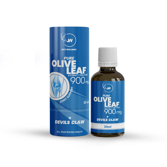 A bottle of Olive Leaf Extract + Devils Claw tincture next to its packaging, both featuring a blue color scheme with white text.