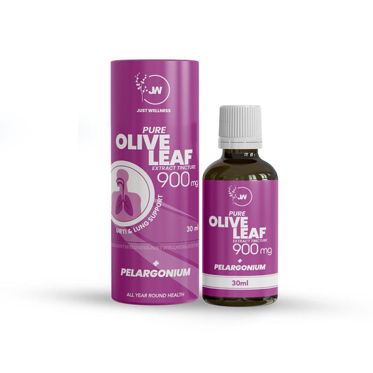 A bottle of Olive Leaf Extract + Pelargonium tincture next to its packaging, both with purple color themes.