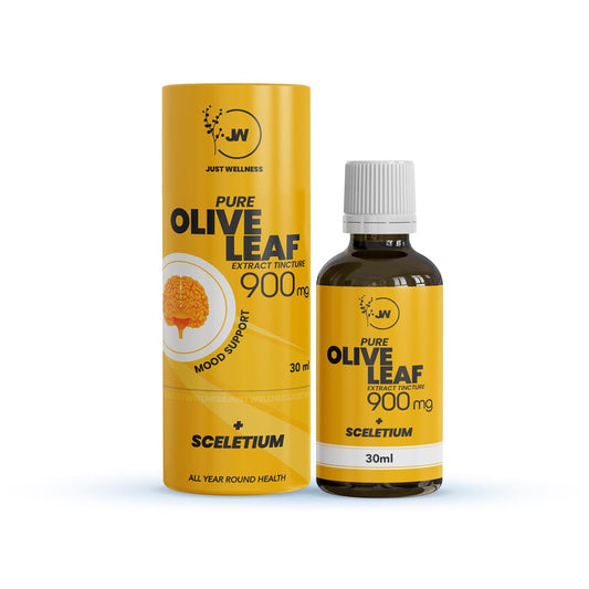 A bottle of Olive Leaf Extract + Sceletium tincture next to its packaging, labeled with '900 mg' and '30ml' indicating the dosage and volume.