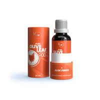 Olive leaf supplement bottle and packaging on a white background