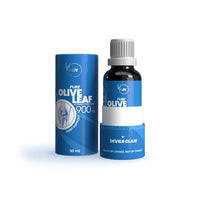 Blue cylindrical container and bottle labeled 'Pure Olive Leaf' on a white background
