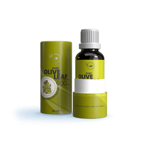 Two bottles of 'Pure Olive Leaf' on a white background