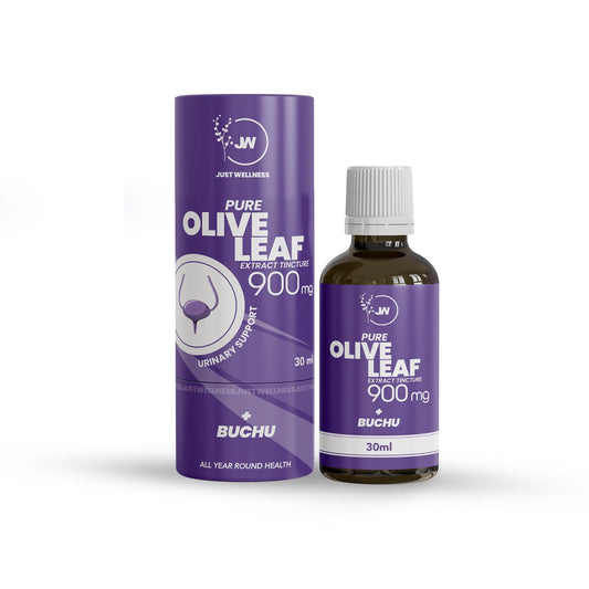 A 30ml tincture bottle of Olive Leaf Extract + Buchu by Just Wellness. The product packaging is predominantly purple and white, with the bottle itself being transparent with a white label.