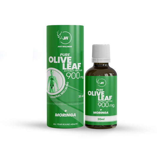 A bottle of Olive Leaf Extract + Moringa tincture next to its green packaging with branding and product information.