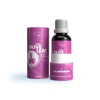 Two bottles of 'Pure Olive Leaf' with purple labels on a white background