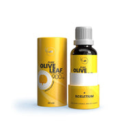 Yellow and black bottle and packaging of Pure Olive Leaf on a white background